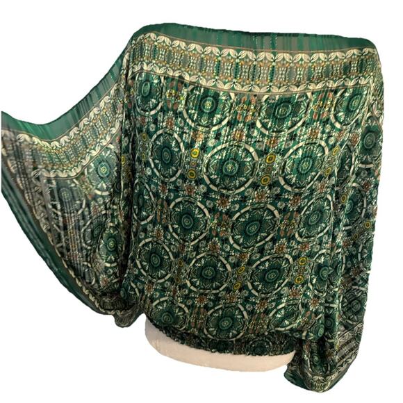 Max Studio Boho Handkerchief Blouse M Emerald Green Gold Smocked Hem Artsy Retro - Picture 10 of 14